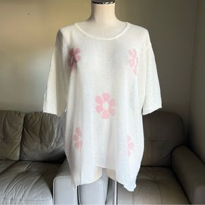 Cocolove Sz M L Mohair Blend Knit Floral Tunic Top Short Sleeve Sweater White